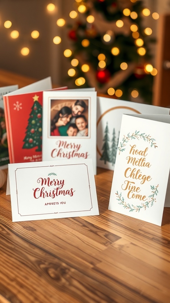 A variety of Christmas cards showcasing different designs on a rustic wooden table with fairy lights.
